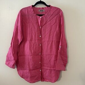 FLAX Hot Pink Linen Roll Tab Long Sleeve Shell Button Down‎ Relaxed Shirt Small